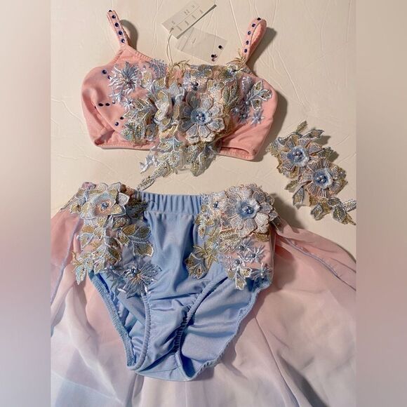 Glamour solo dance costume 2 piece blue pink embellished MC child /LC child new - Picture 5 of 11